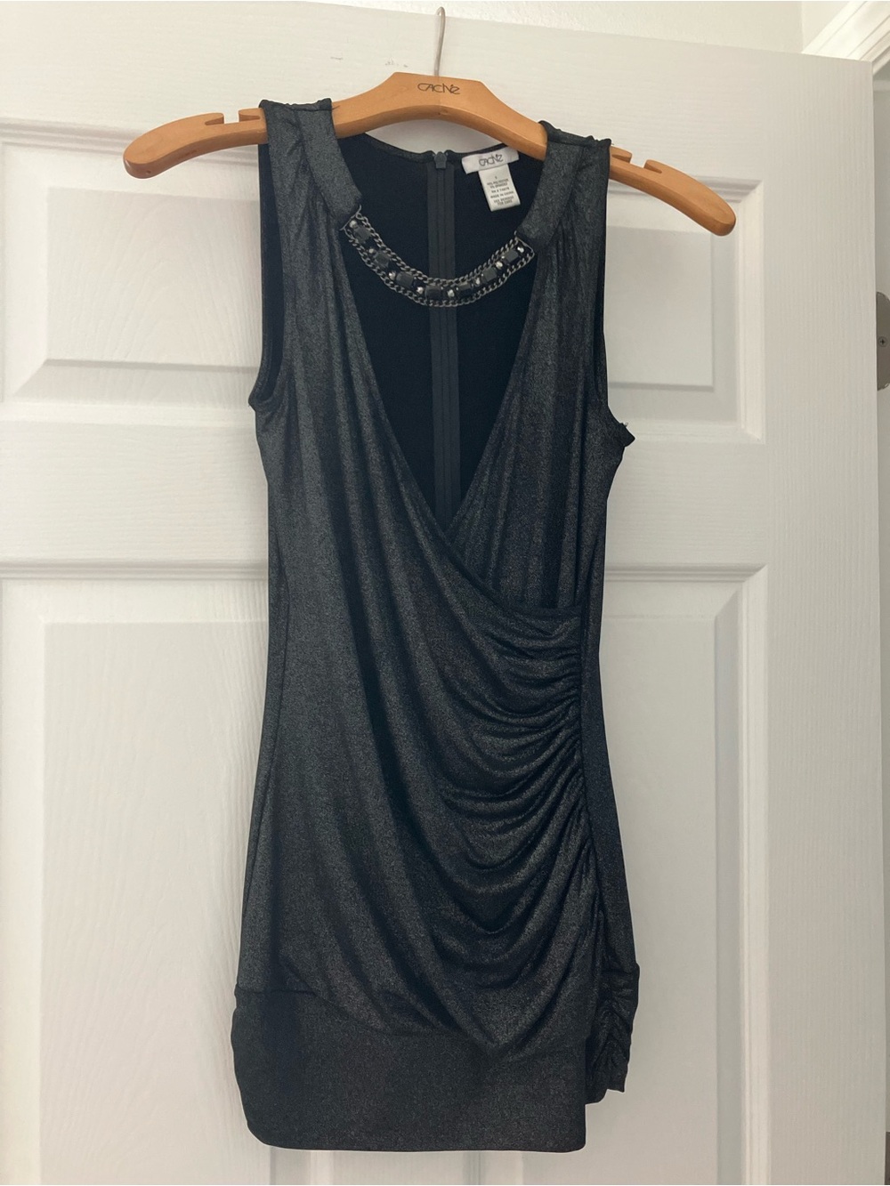 Cache Shimmery Black Sleeveless Draped Tank with Beaded Neckline